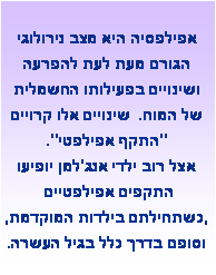 תיבת טקסט: אפילפסיה היא מצב נירולוגי הגורם מעת לעת להפרעה  ושינויים בפעילותו החשמלית של המוח.  שינויים אלו קרויים "התקף אפילפטי". אצל רוב ילדי אנג'למן יופיעו  התקפים אפילפטיים ,כשתחילתם בילדות המוקדמת, וסופם בדרך כלל בגיל העשרה.